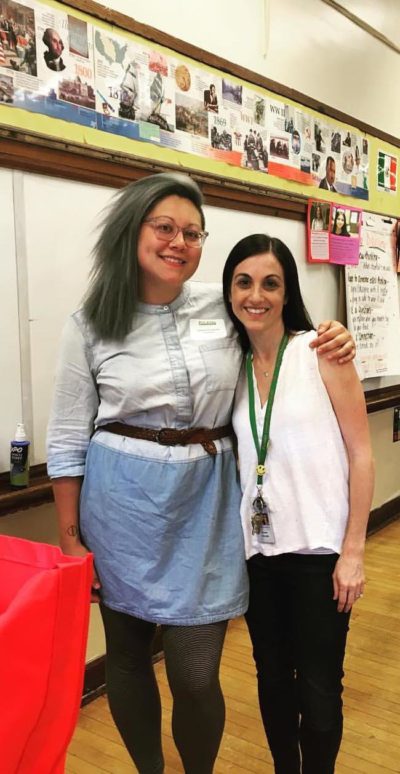 ALSO staff Stephanie Hausen (on left) and Pulaski teacher Valerie Williams (on right) standing in front of dry erase board in a classroom