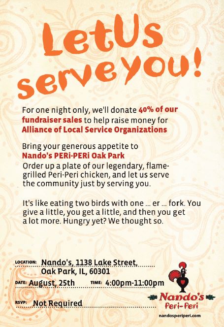 Flyer for ALSO fundraiser at Nando's