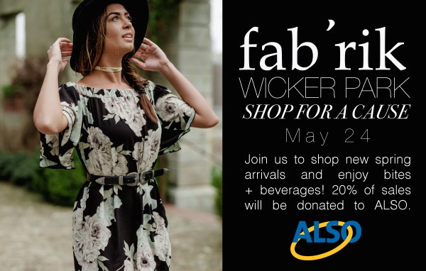 Shop for a Cause flyer featuring a woman in a floral dress with a black hat